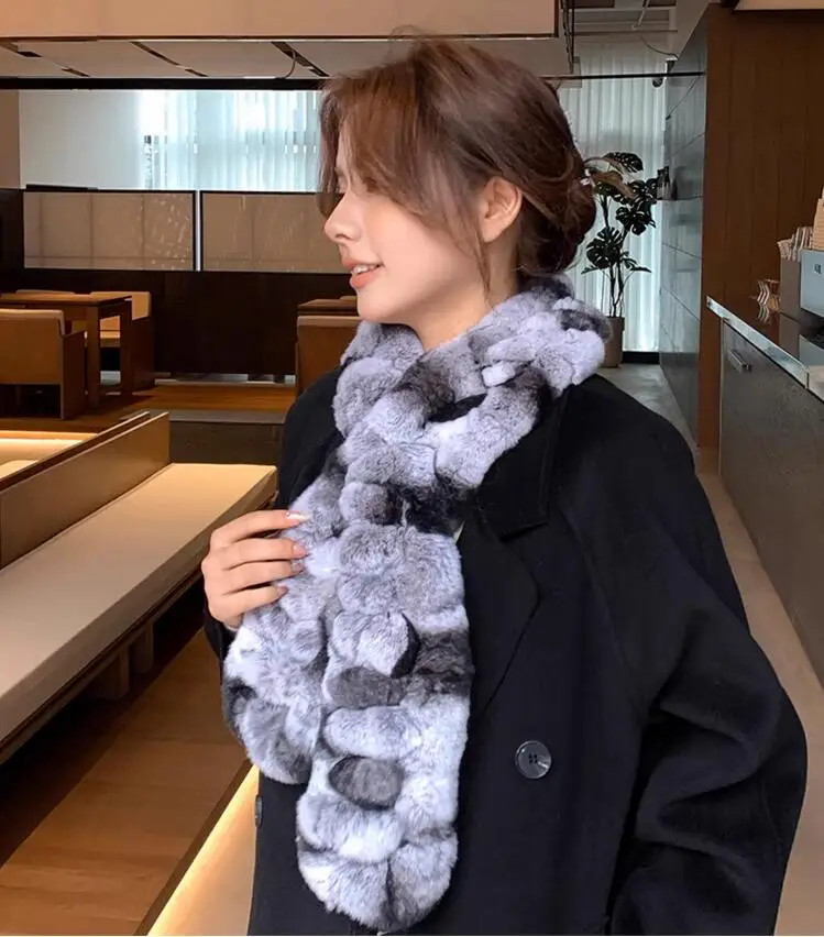 Genuine Rex Rabbit Fur Chinchilla Color Scarf Women Winter Warm Knitted Collar Wraps Female Muffler Gift