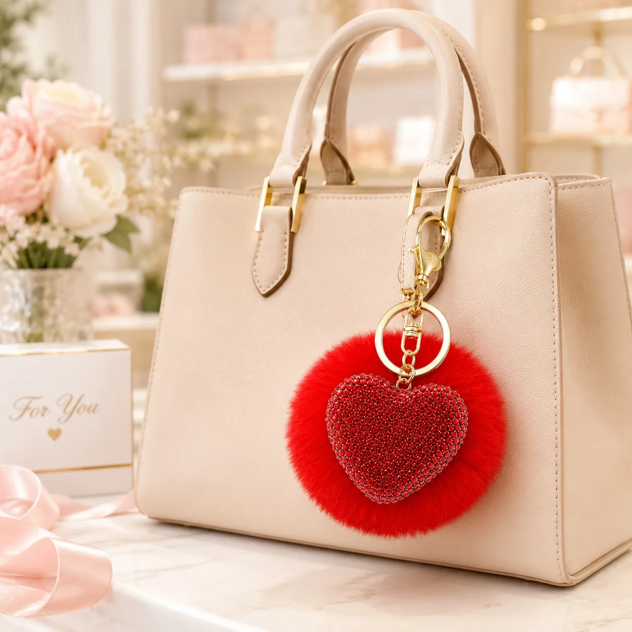 Rhinestone Heart Pom Pom Keychain Cross-border Plush Ball Clay Diamond Love Keychain
