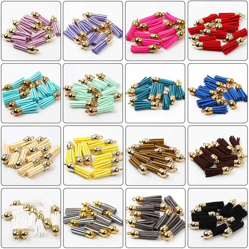 38x11mm 10pcs Gold Color Tassel Caps Multicolor Suede Faux Leather Tassel For Keychain Straps Jewelry DIY Pendant Charms Finding