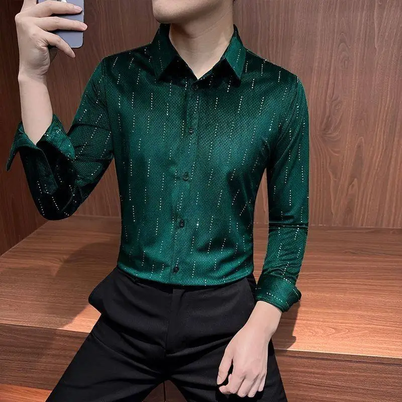 Spring 2026 Rhinestone Decorated Long Sleeved Shirt Men Retro Social Casual Shirt High Quality Business Office Uniform Shirts