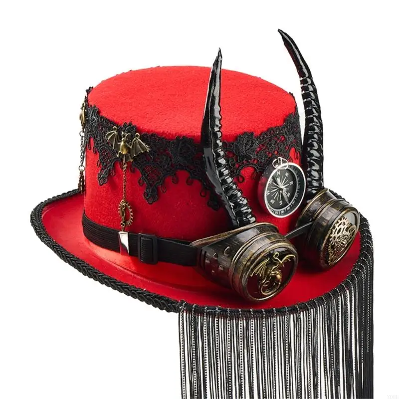 Steampunks Goggle Mit Fransen Dekoration Ziege Horn Kappe Top Cap Kopfbedeckung Für Cosplay Outdoor Event Y08E – Detail 7