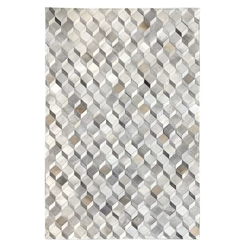 3D Light Luxury Geometric Carpet Living Room Real Cowhide Handmade Area Rug Floor Simple Grey Sofa Bedside Floor Mat Bedroom Rug