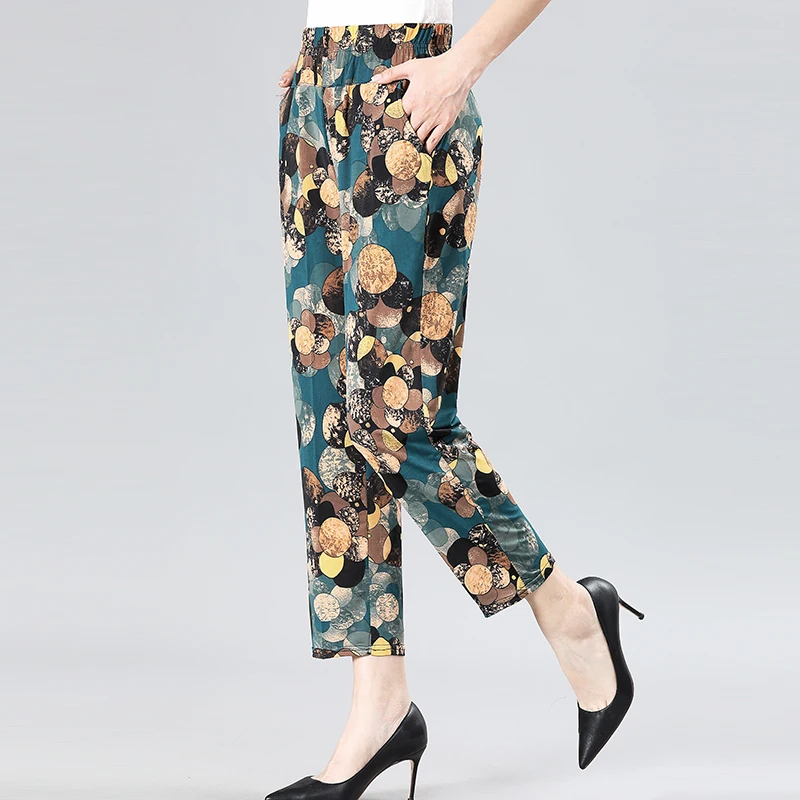 Plus Size XL-8XL Women Harem Pants Casual Elastic High Waist Pants Print Middle Aged Women Loose Straight Pants Mom Trousers