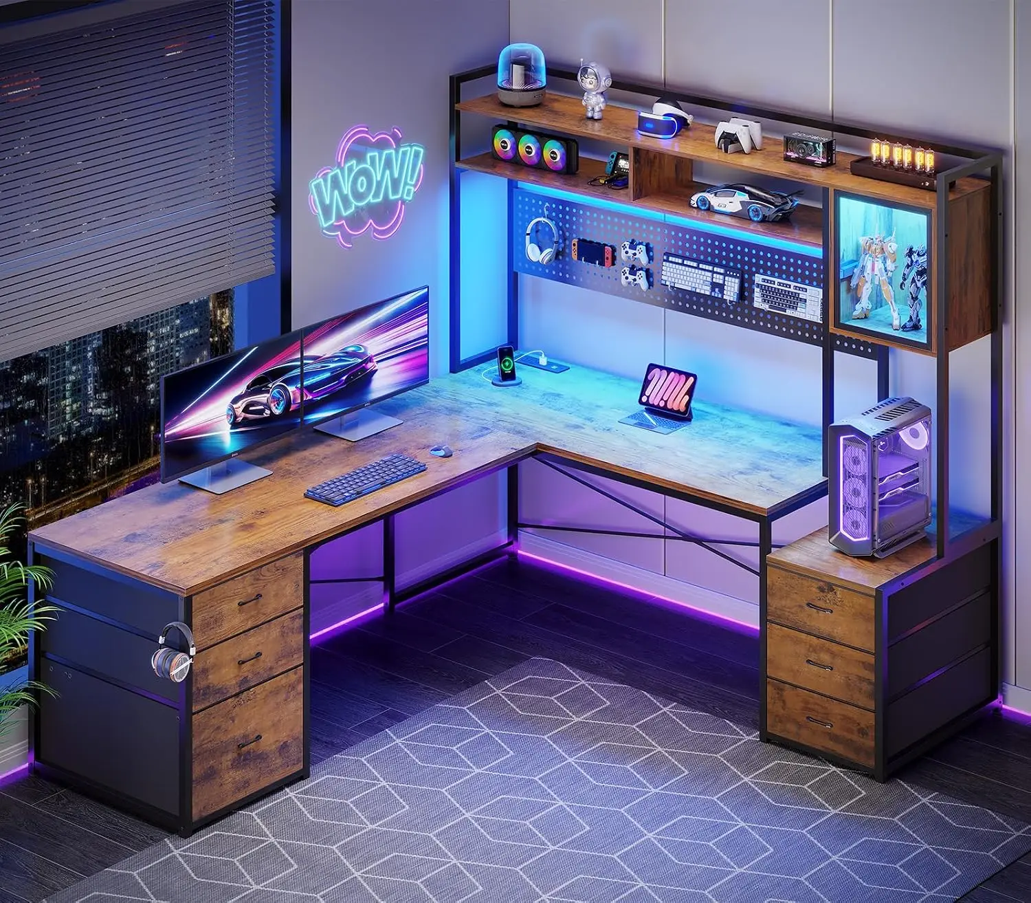 L Shaped Gaming Desk with 6 Drawers Hutch LED Lights File Drawer Storage Shelves Power Outlet Two Person Workstation, Customized