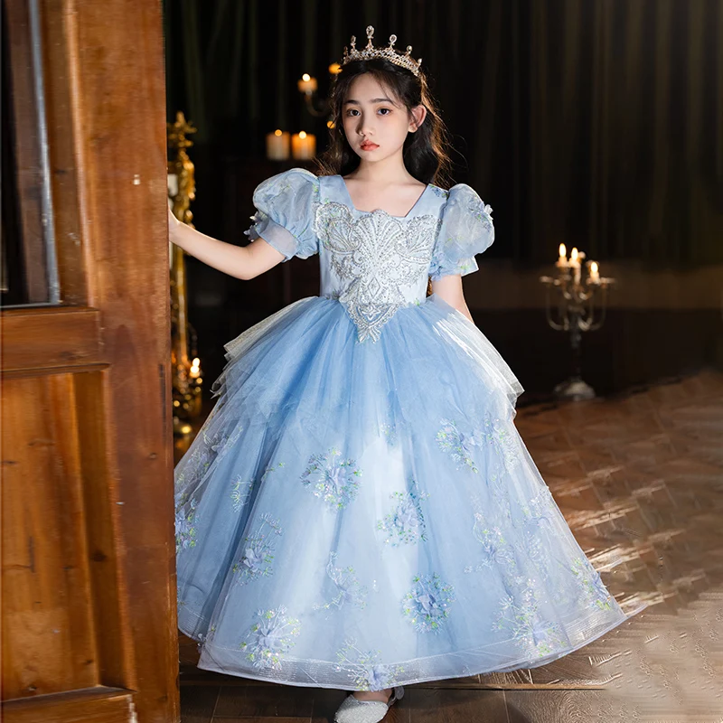 Girls dress sky blue square neck puff sleeves floor length flower embroidered mesh bridesmaid dress