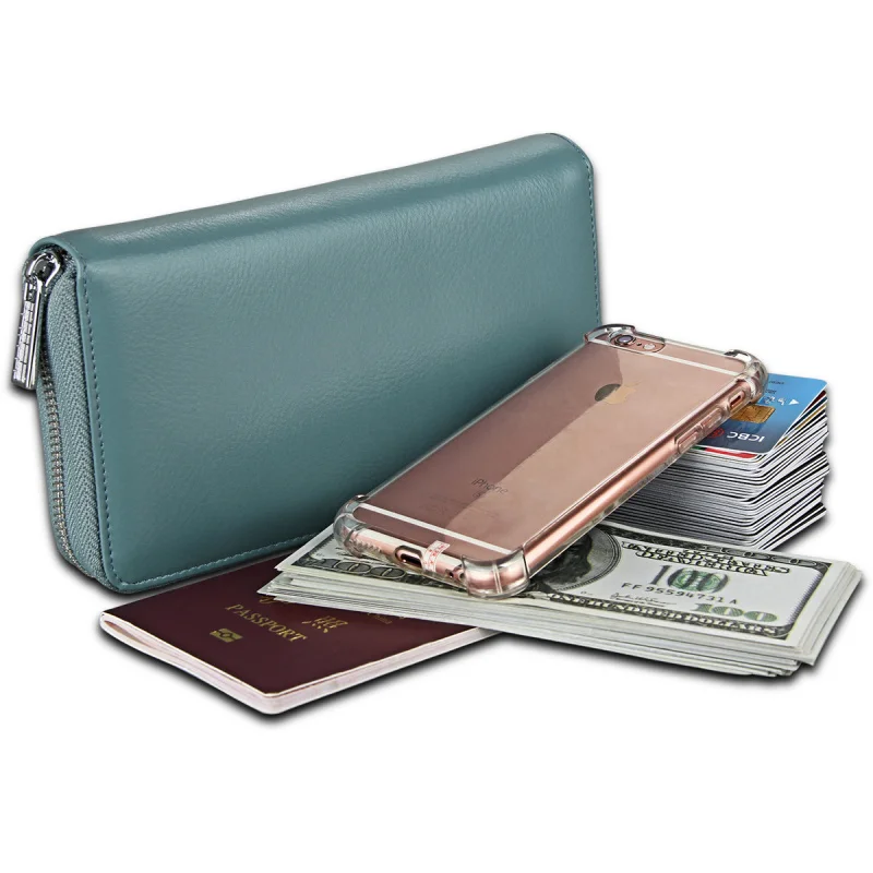 Western RFID Blocking Organ Card Holder Cowhide Leather Long Women Wallet Multifunction Passport Bag for Mens