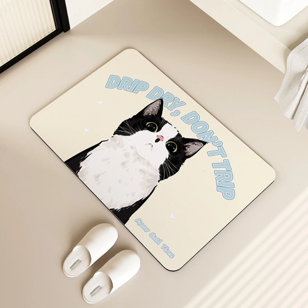 Cartoon Cute Cat Diatom Mud Drainage Pad, Bathroom Absorbent Floor Mats, Bedroom Living Room Door Mats, Home Decor Door Mat