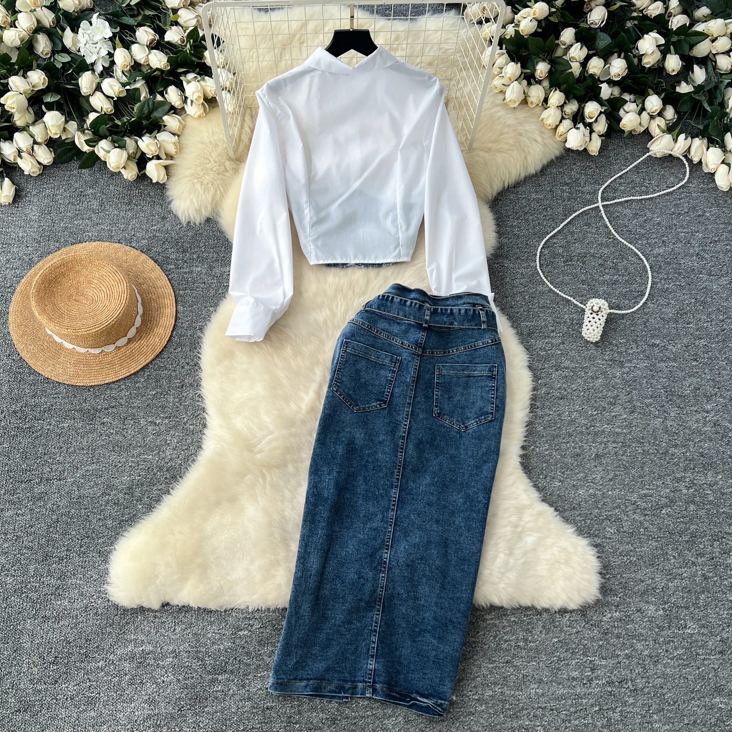 Women Two-Piece Sets Vintage Turn-down Collar Cowboy Spliced Shirt and High Waist Split Skirt Korean High Street Autumn Clothing