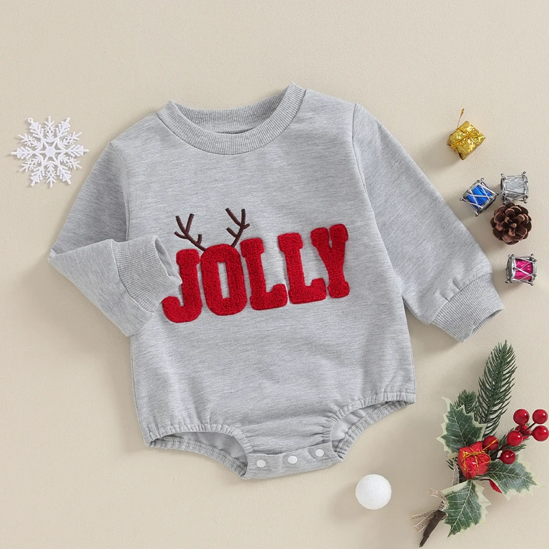 

Adorable Baby with Reindeer Antlers Embroidery and Christmas Lettering Long Sleeve Romper for Infant Toddler - Festive