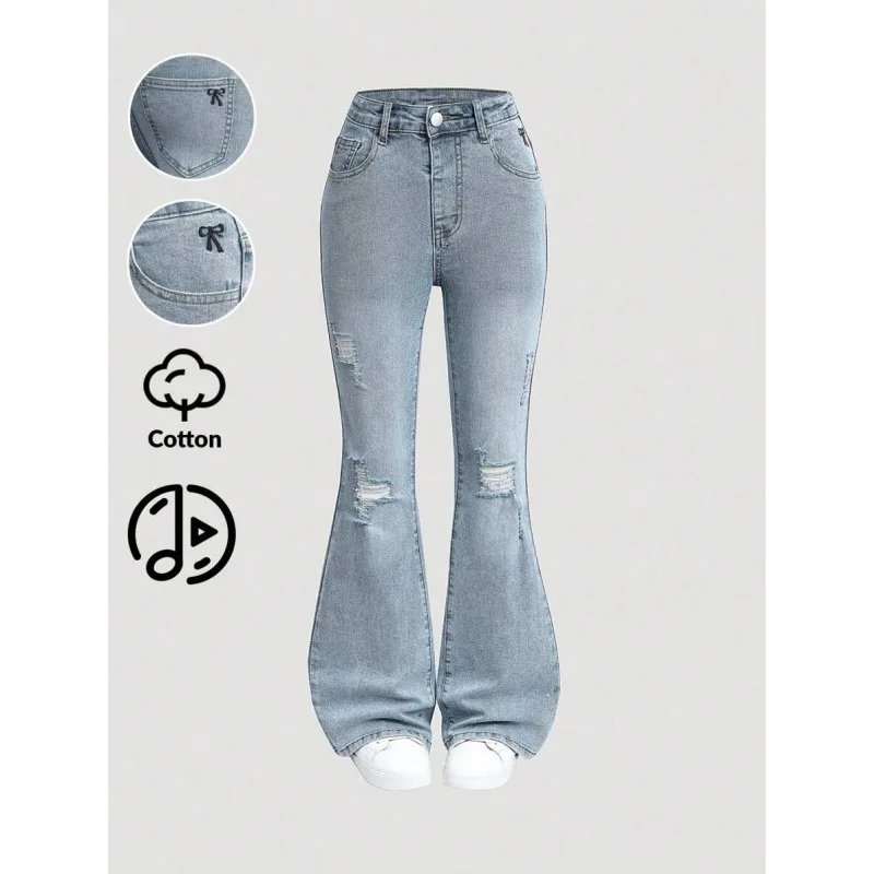 

Рваные джинсы-клеш для женщин, повседневные брюки с высокой талией, широкие джинсы из денима, модные весенне-летние, нейтральный стиль, другие материалы