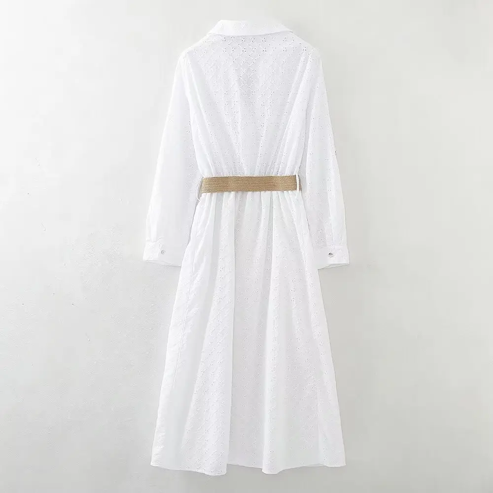 Withered French Country Style Pure Cotton Hollow White Midi Dress Women Fashion Elegant Ladies Dress With Belt