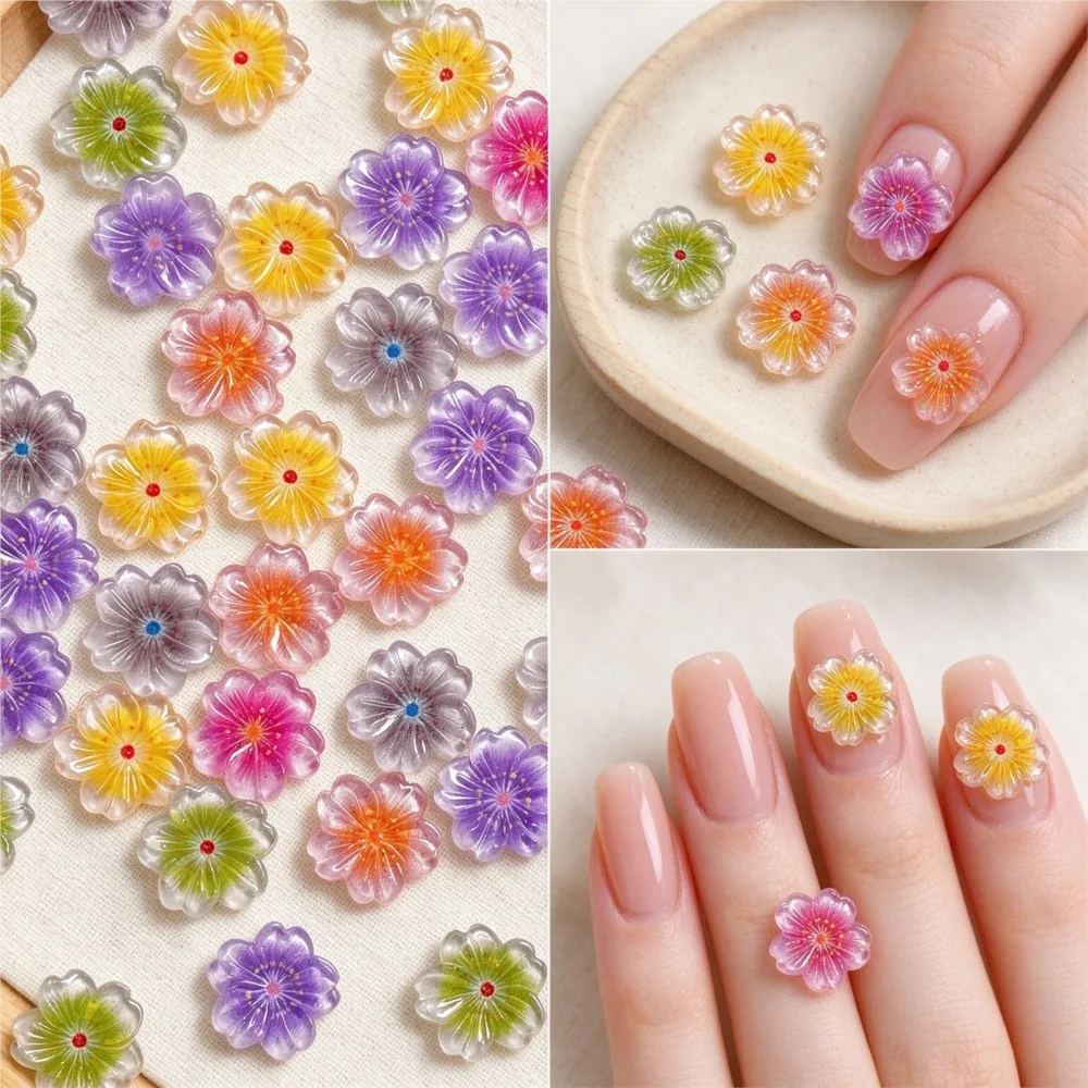 50pcs mix Gradient Sakura Floral Nail Charms Ice Translucent Cherry Blossom Nail Rhinestones resin Jelly Soft Flower Nail Decora