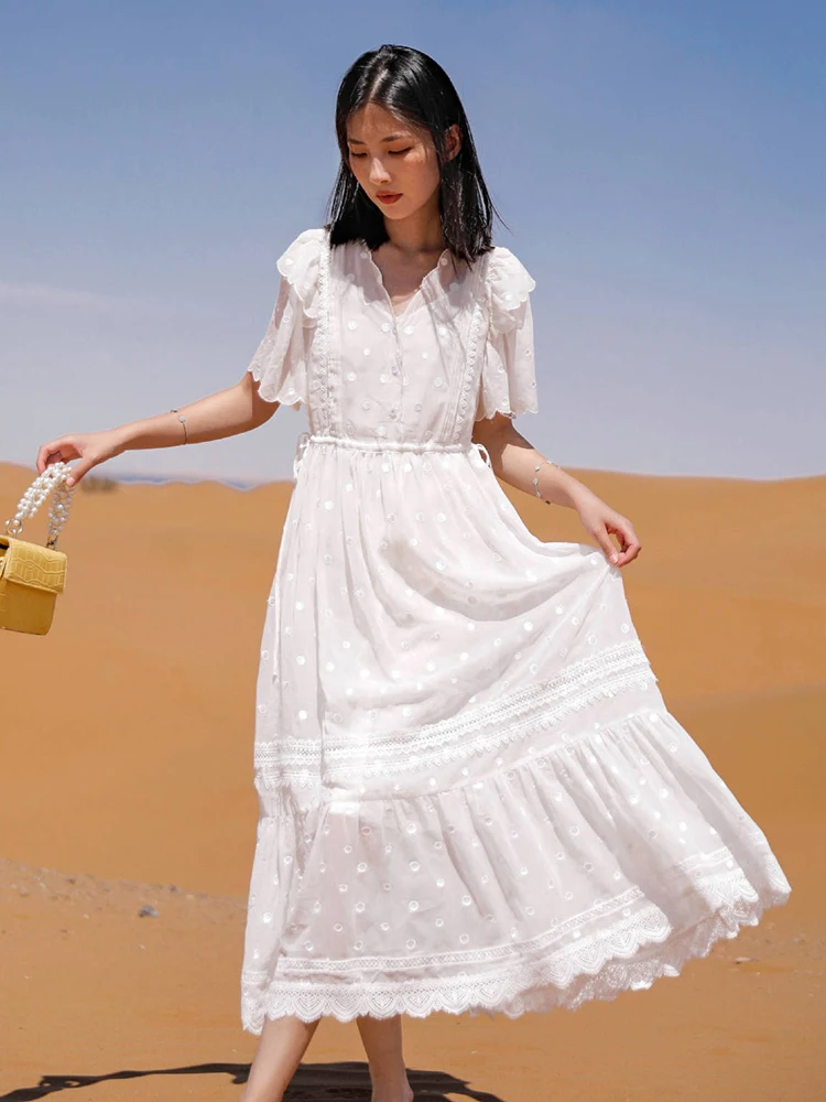 

Jastie French White V-neck Dress 2023 New Women's Autumn Luxury Design Embroidered Long Dresses Casual Beach Boho Holiday Dress