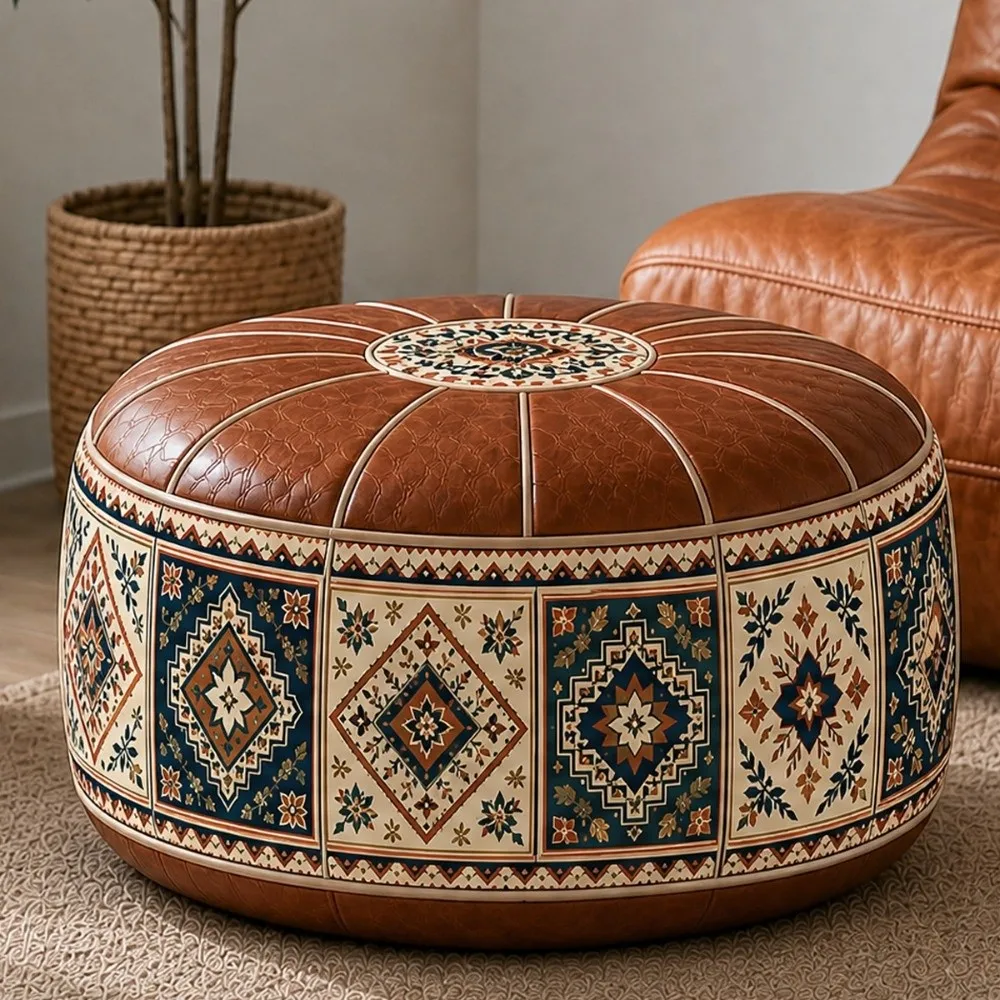 Boho Pattern Ottoman Pouf Fillable Design PU Leather Storage Ottoman Large Opening Water Resistant Floor Seat Cushion Home Use
