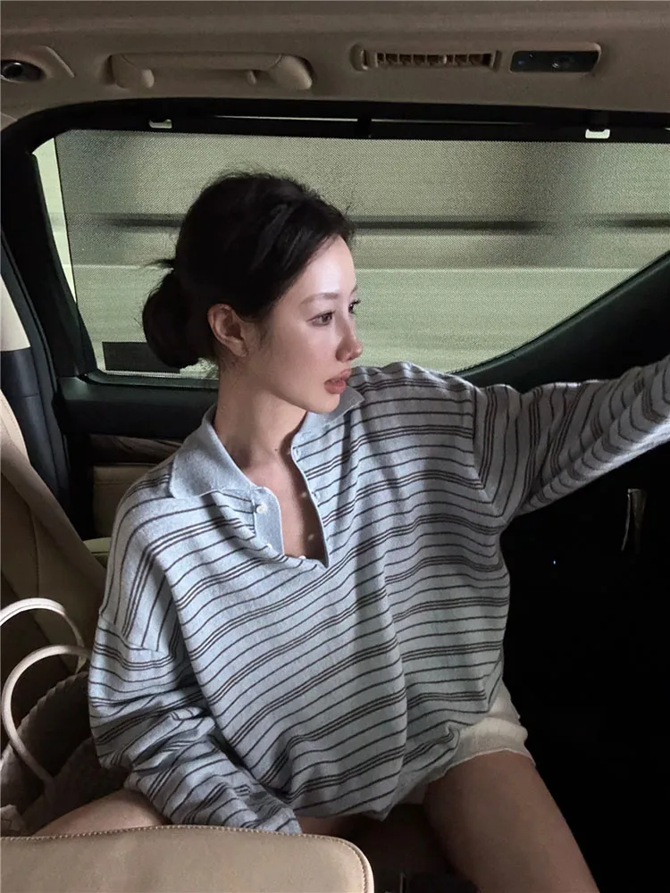 

Retro Ne Knitted Sweater Women's Loose Long Sve Overhead Top Autumn New Sle Slimming Versatile Striped Faion