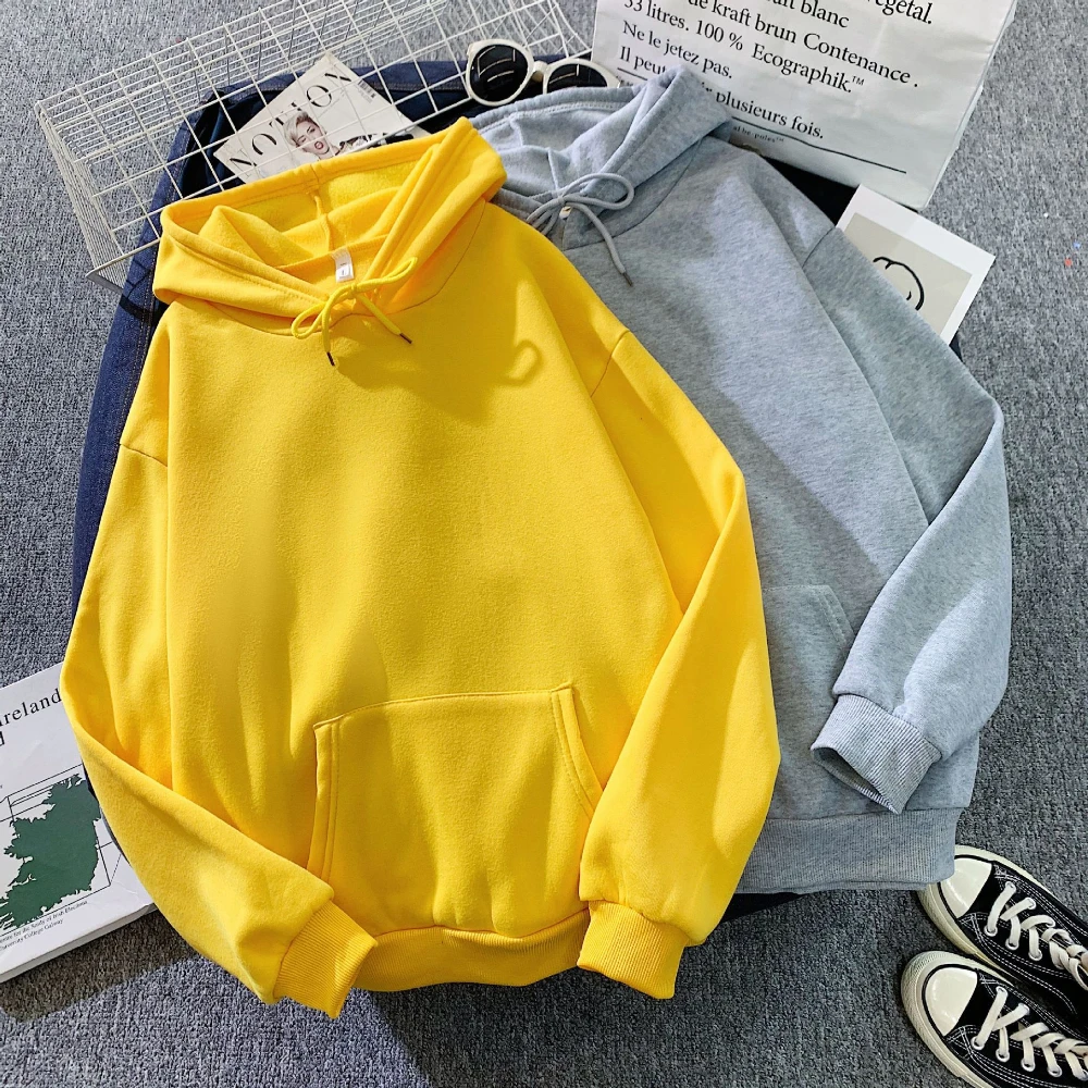 Autumn Winter American Style Solid Color Oversized Fleece-lined Hoodie Casual Loose Long Sports Sleeve Hoode Top For Men&Women