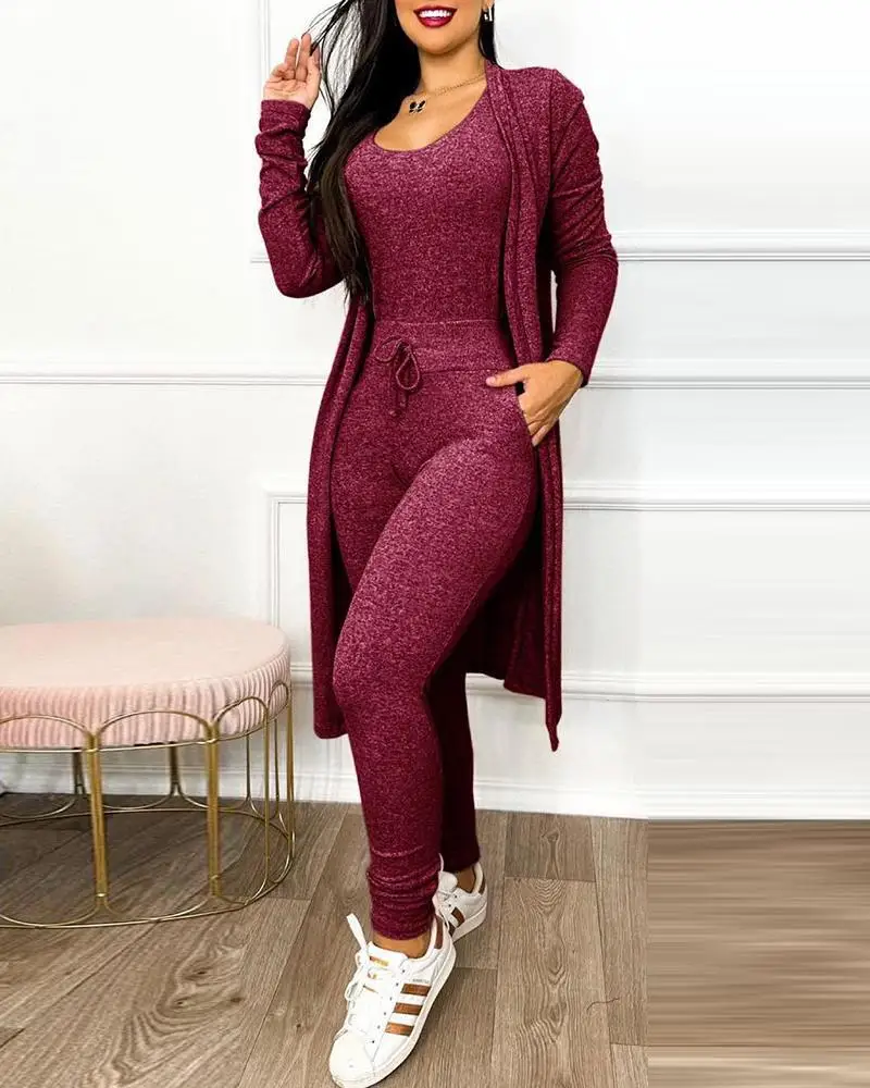 

2025 New Fashion Slim Round Neck Jumpsuit + Jacket Sets Women Autumn Elegant Home Jumpsuit Jacket Two-piece Set For Women