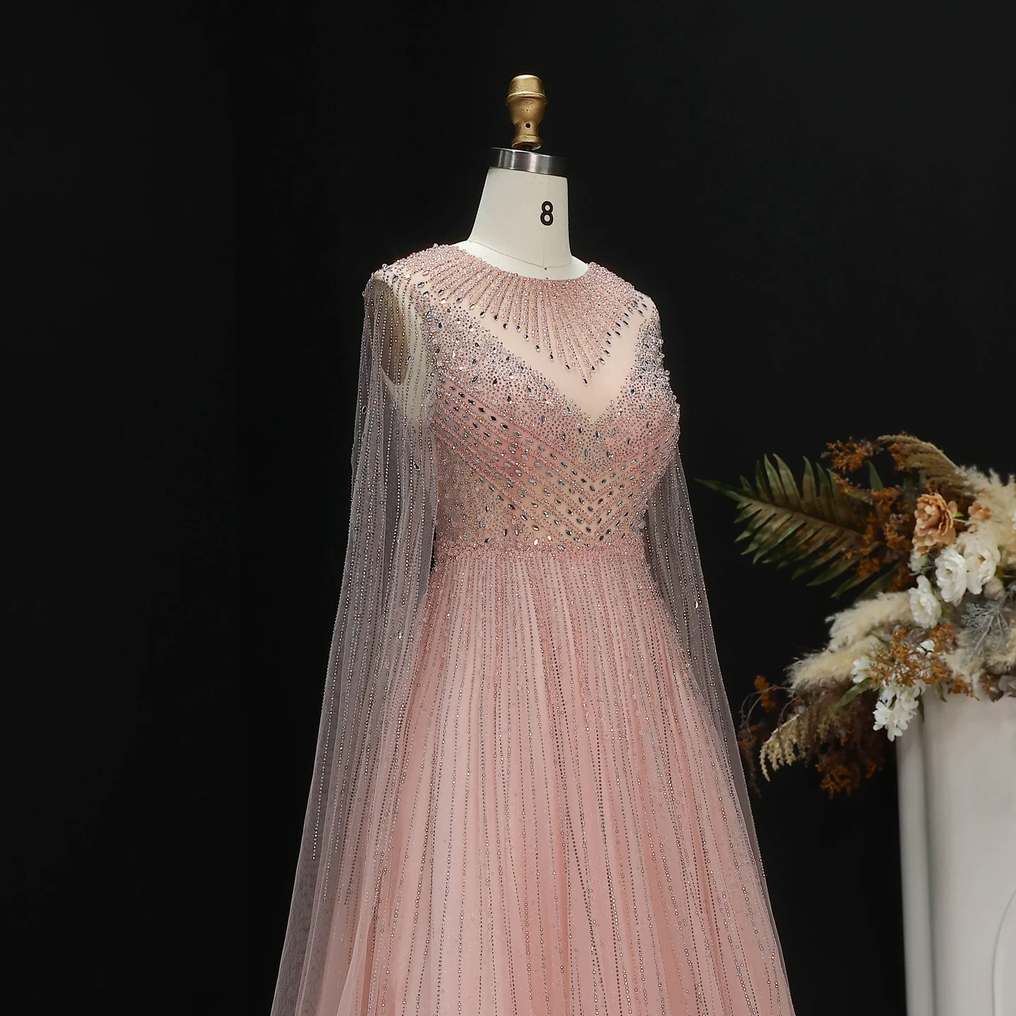 Sharon Said Luxuriöse Dubai Perlen-Kristall-Tüll-Abendkleider Elegante Cape-Ärmel Formelle Ballkleider SS054 Maßanfertigung – Detail 16