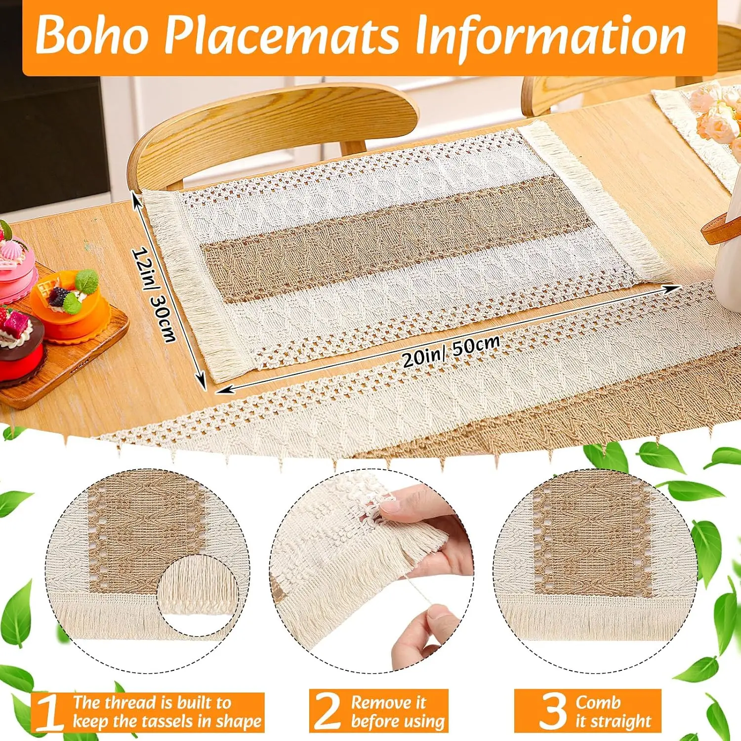 6Pcs Boho Placemat Set: Round Woven, Cloth Napkins, Wood Bead Rings, Long Table Runner, Khaki view 3