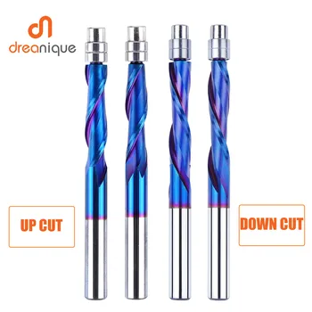 Dreanique 솔리드 카바이드 베어링 가이드 2 플루트 1/4 생크 플러시 트림 나노 코팅, 목공 업 컷 다운 컷 엔드 밀, 1 개