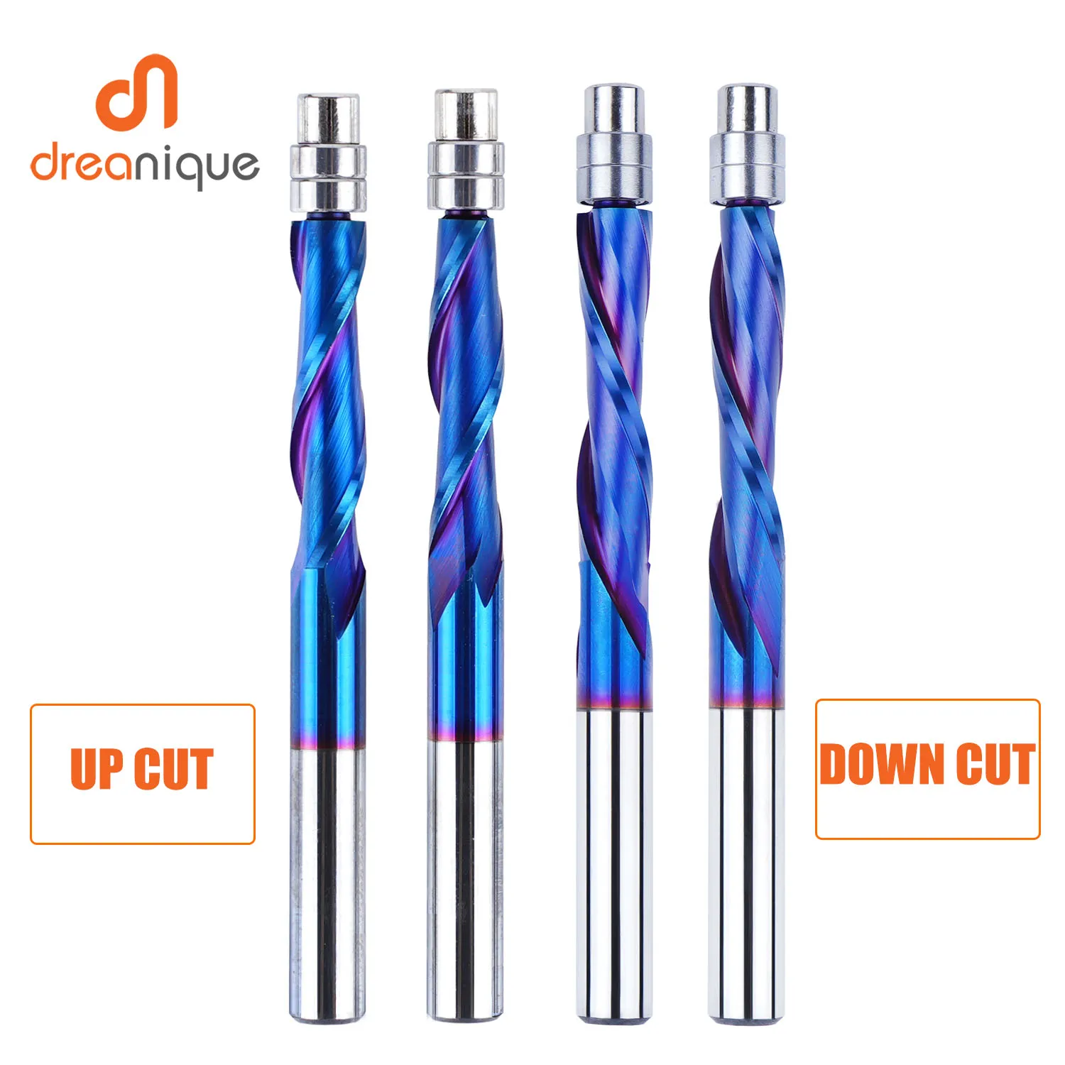 Dreanique-carboneto Sólido Bearing Flautas Shank Flush Trim Nano Revestido para Carpintaria up Cut Down Cut End Mill 1pc