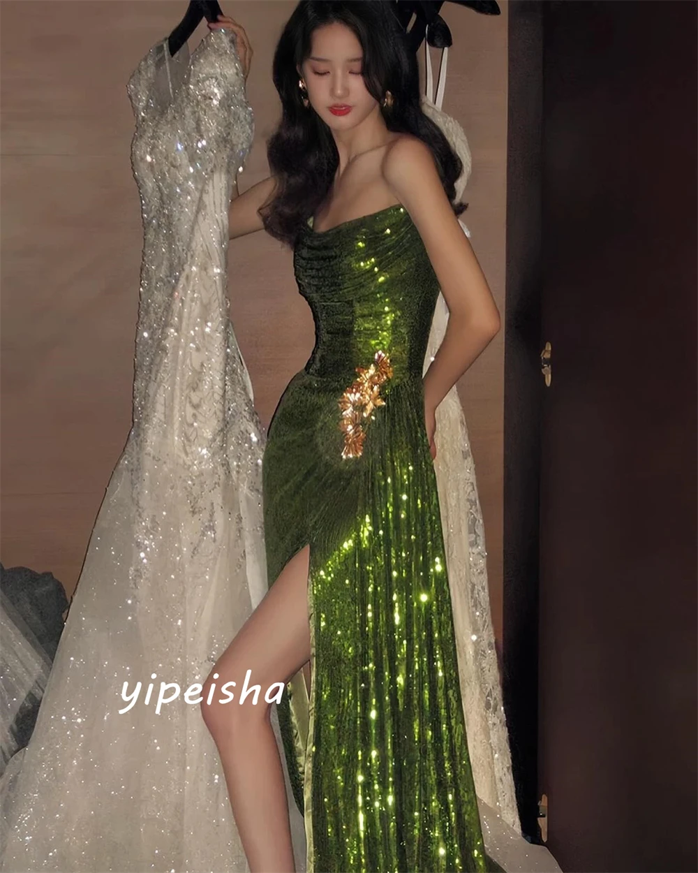 Customized  Sparkle Elegant Strapless A-line Paillette / Sequins Floor Length Skirts Charmeuse Evening Dresses