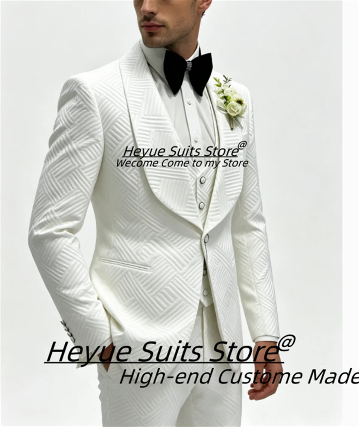 Luxurious Wonderful White Shawl Lapel Jacquard Men Suits Customized Slim Fit Gorgeous Banquet Groom Wedding Tuxedos 3Pieces Sets