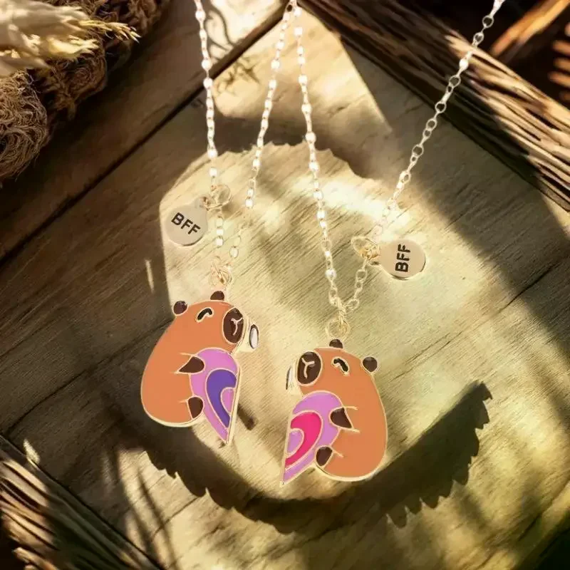 2Pcs Cute Cartoon Capybara Heart Puzzle Magnetic Pendant Necklace Set Best Friend Jewelry Gift for Friendship