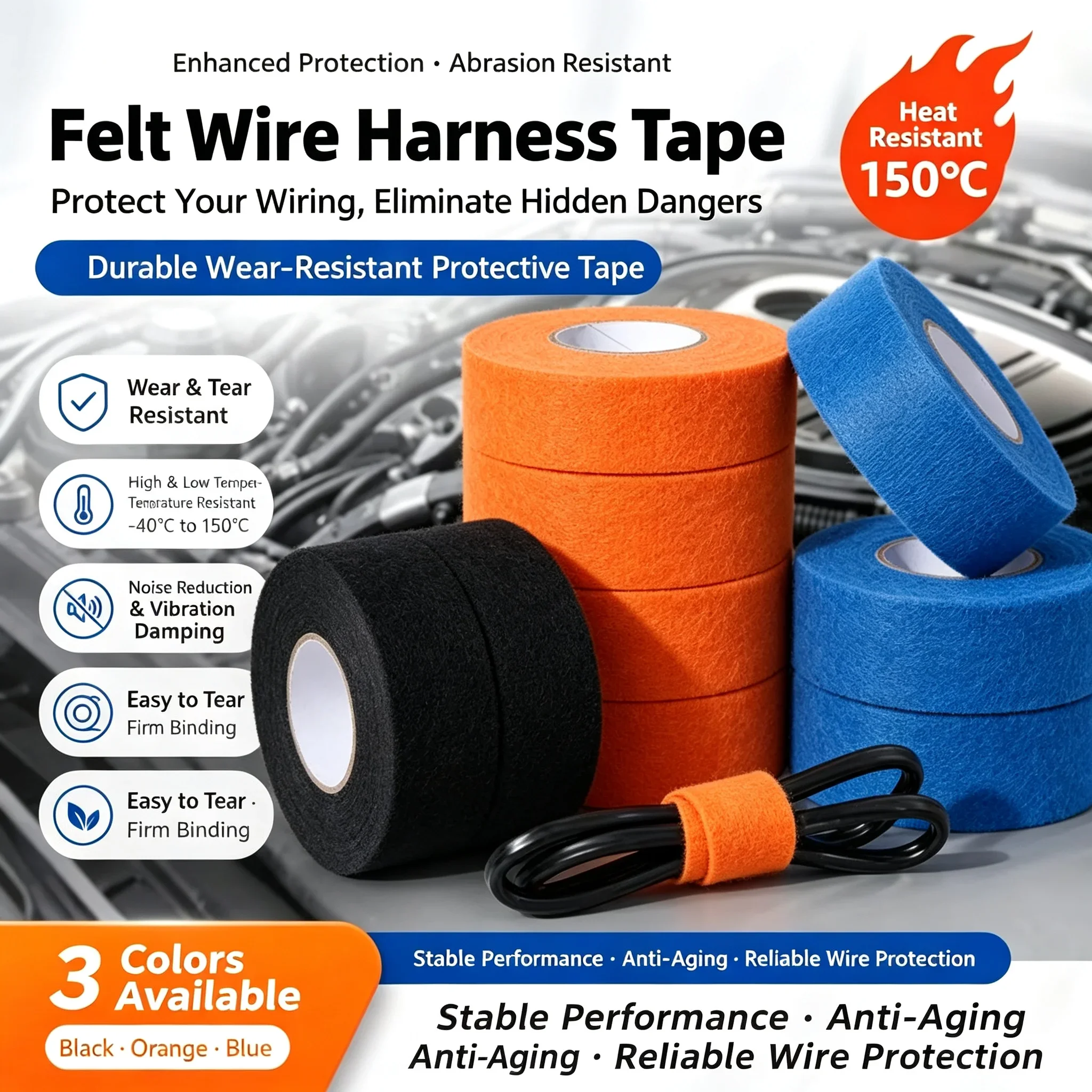 3 pcs Soft Flexible Wire Harness Tape - Strong Adhesive, Easy Tear, Conformable Cable Management Wrap for Automotive & Home