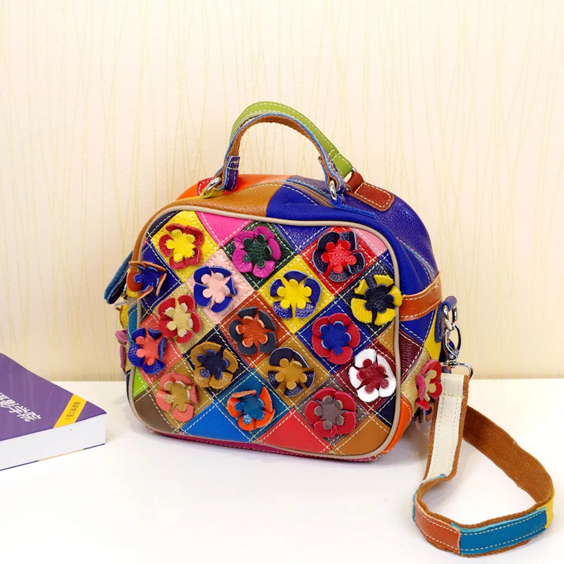 

Genuine Cowhide Crossbody Bag - Colorful Patchwork Design with Tote Function for Trendy Women