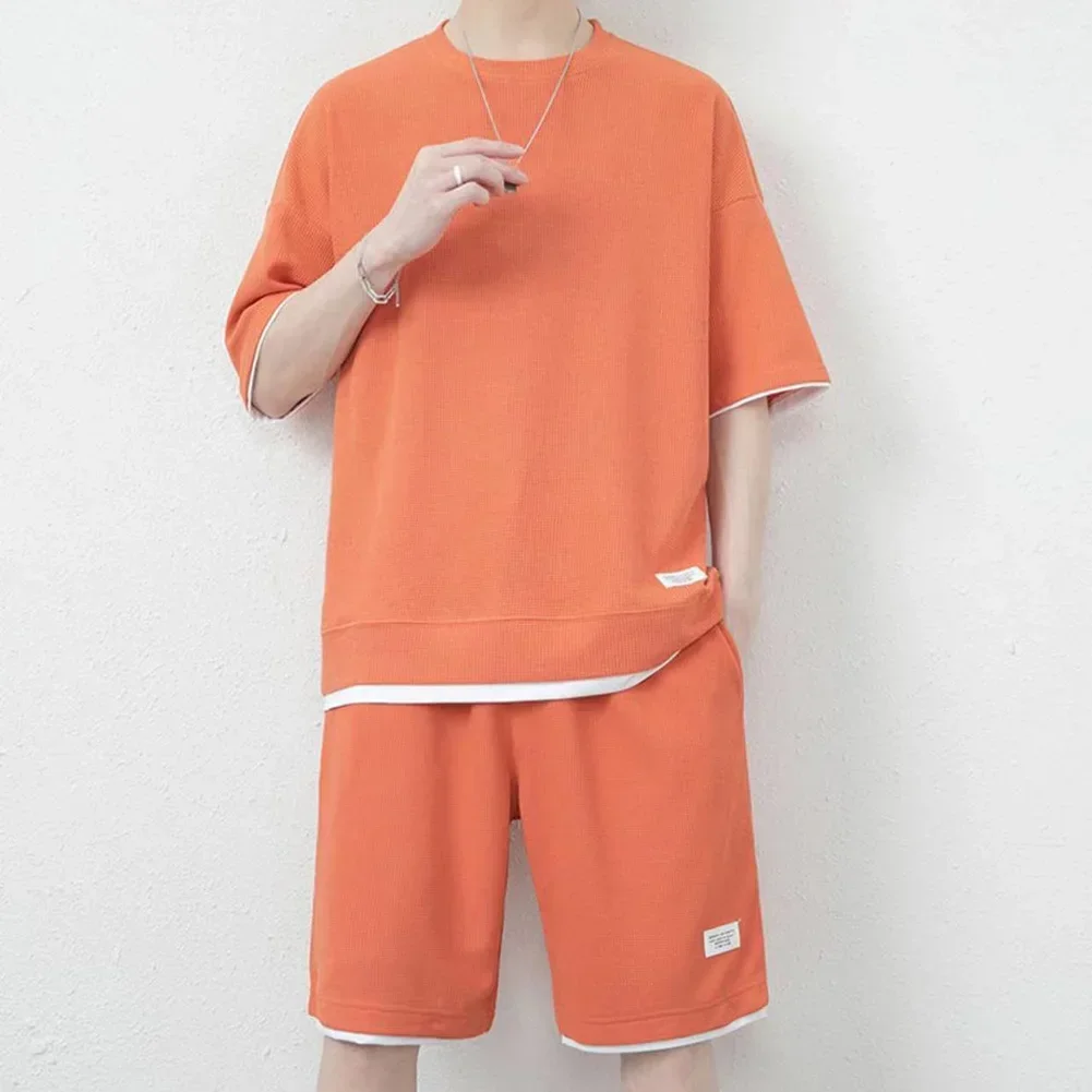 New Men's Korean Loose Waffle Sets Casual Short Sleeved T-Shirt Round Neck Male Sports Suit Simple Drawstring Pants Mens Tops