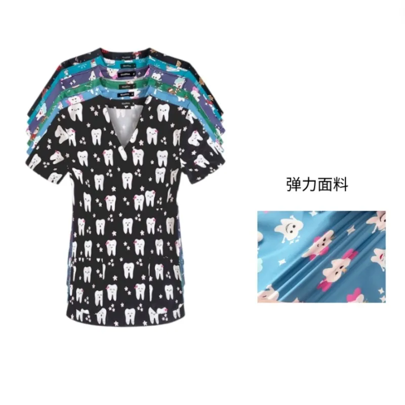 

Teeth Print Hospital Working Uniforms Medical Nurse short sleeve Scrub Tops Nursing v-neck blouse Dental clinic Uniform T-shirt