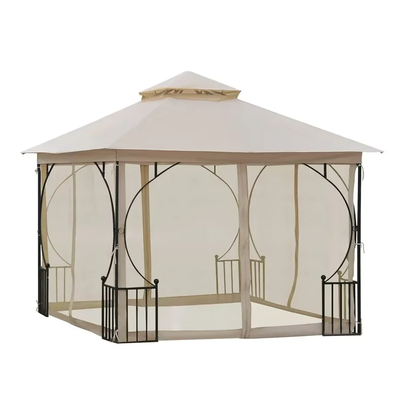 10' X 10' Steel Outdoor Garden Gazebo Canopy UV-Ray Resistant Roof With Mesh Netting Walls Easily Assembled And Rot Proof