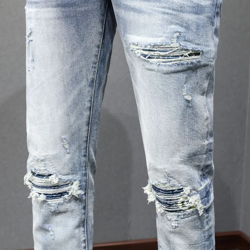 Y2KFashion New Men'sJeans Ripple Elastic Slimming Water Washed Retro Light Blue Perforated Patch Jeans Hombre