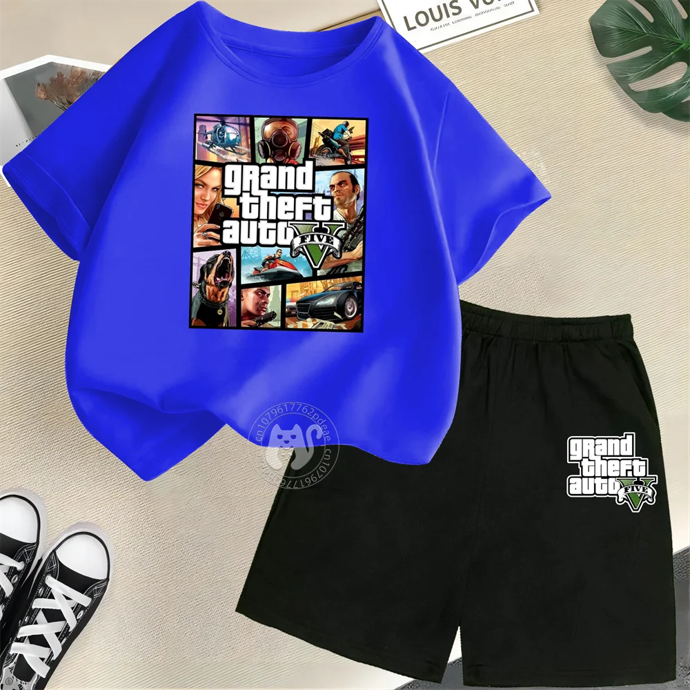 Grand Theft Auto GTA 5 Children\'s Short Sleeve Set Boys Girl Round Neck T-shirt+shorts Leisure Cotton Summer fashion Clothing