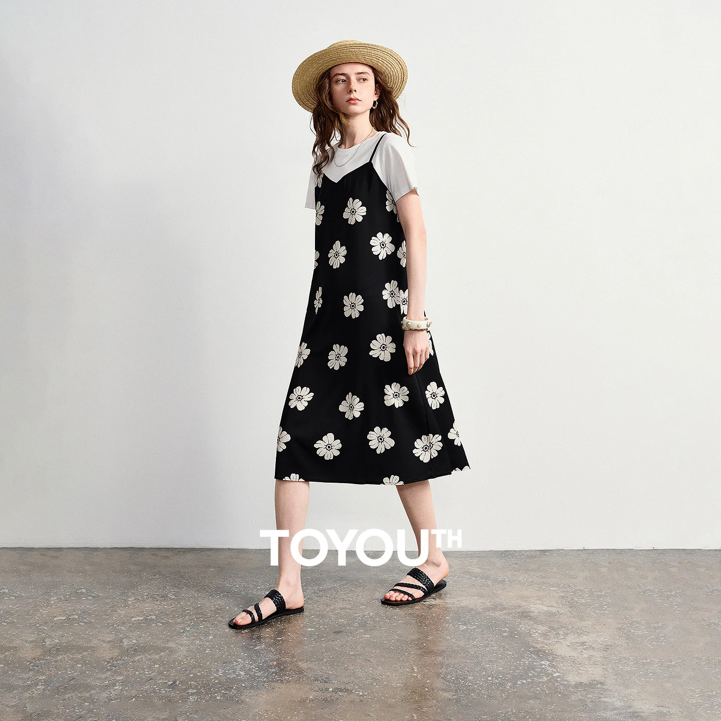 

TOYOUTH Women Flower Print A-Line Dress 2026 Summer New Two-Piece Layering Design Black White Color Block Dress