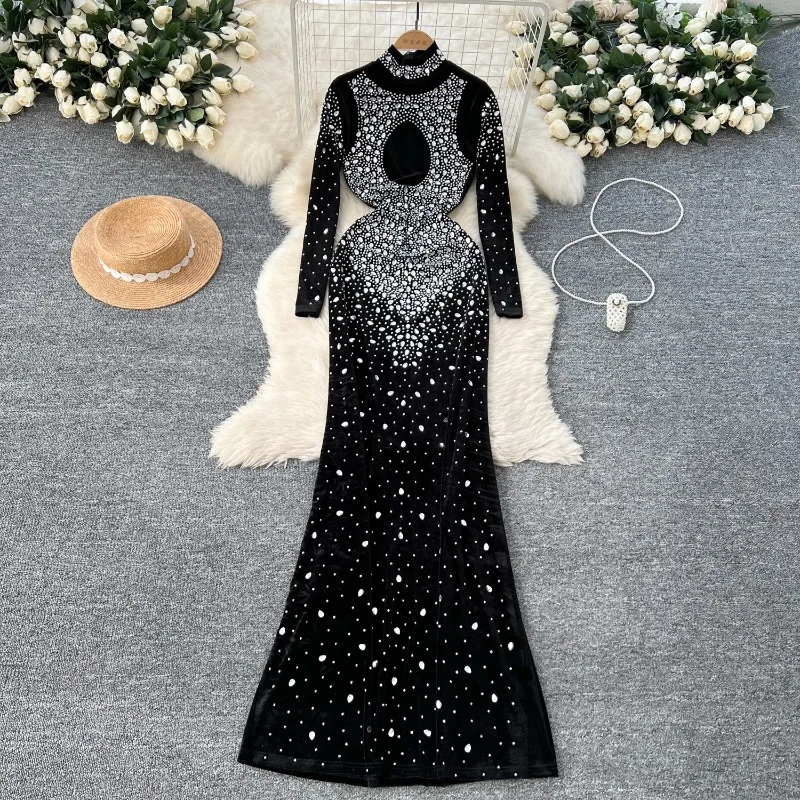 Elegant Long Sleeves Vintage Turtleneck Chic Rhinestone Slim Velvet Dresses Korean Evening High Street Autumn Winter Clothing