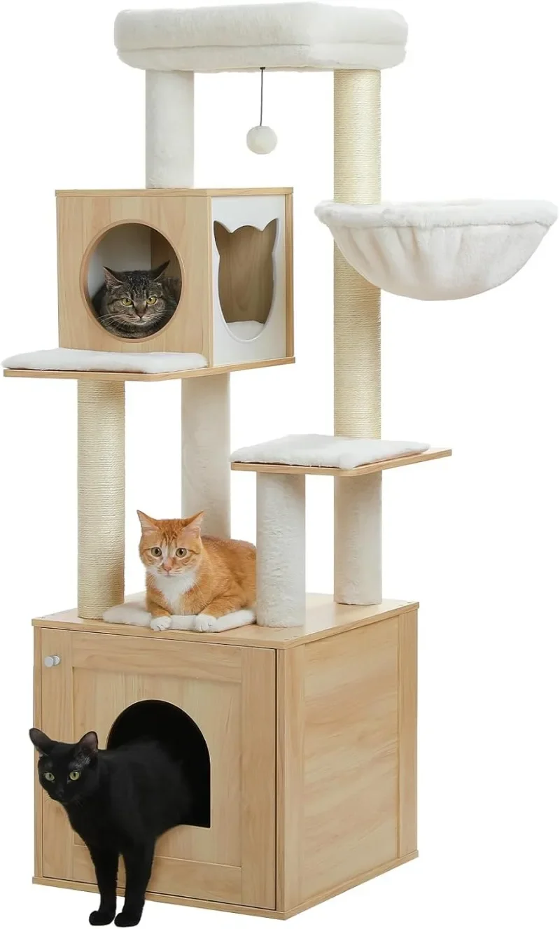 

57.5" Cat Tree with Litter Box Enclosure - Large Wood Cat Tower, Storage Cabinet, Scratching Posts & Toys for Indoor Cats
