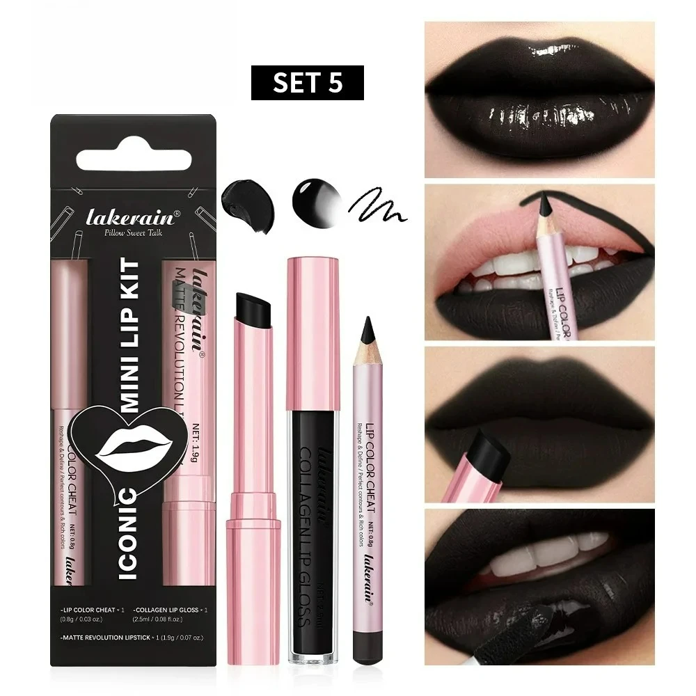 3PCS Matte Mirror Lipstick Lipliner Set Long-Lasting Smudge-Proof Pink Naked Black High Color Lips Makeup Kit