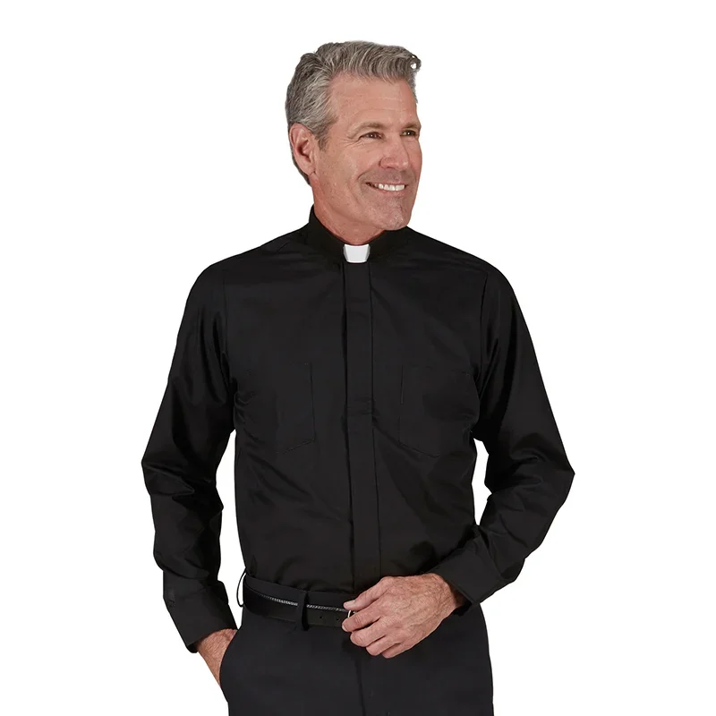 Chemise de clergé à manches longues pour hommes, col à languettes, haut noir, catholique, anglican, romain, prêtre, pasteur, ministre, prédicateur,