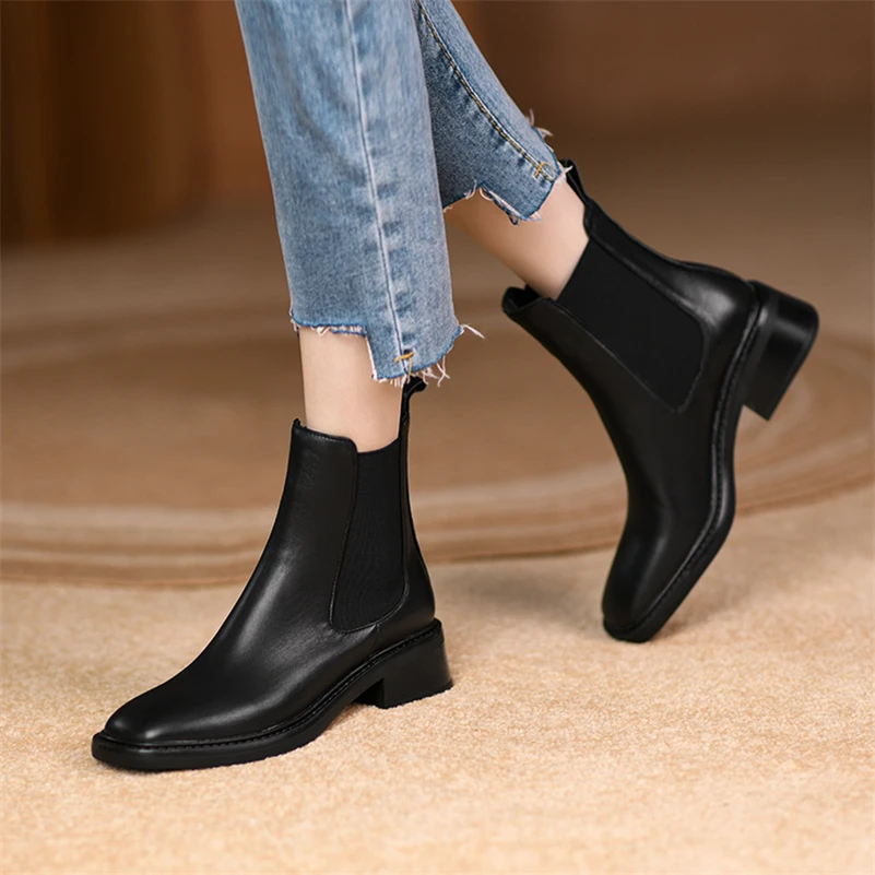 Meotina Women Real Leather Ankle Boots Thick Mid Heel Platform Chelsea Boots Square Toe Ladies Boots Autumn Winter Apricot 40