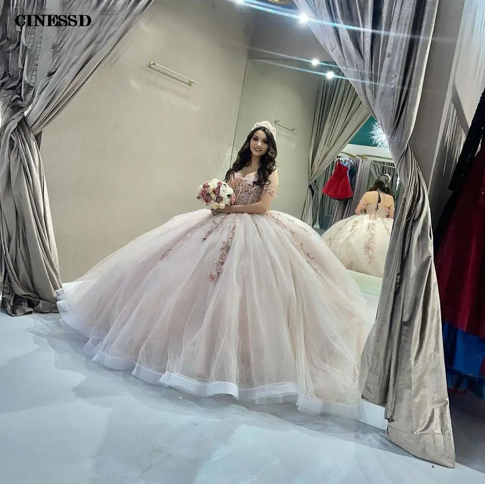 Precioso vestido de quinceañera rosa con Apliques de encaje, vestido de baile con hombros descubiertos, vestido de baile de graduación, vestidos de Mascarada escalonados de tul, 16