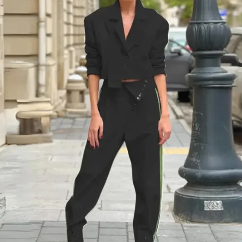Women Two Piece Sets Turn Down Collar Pant Set Full Sleeve Short Tops High Waist Straight Long Pants Work Splice Matching Sets