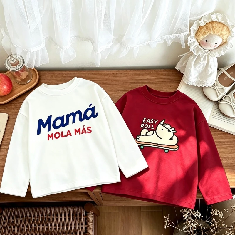 Fashion Tops Kids Long Sleeve Casual Loose Spring Clothing Round Neck Base Shirt Simple Boys Girls All-match Bottoming Shirt