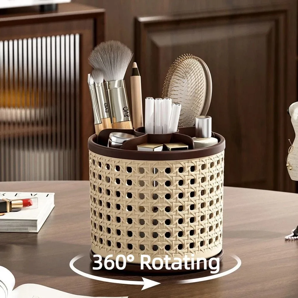 360° Rotating Desktop Pen Holder Large Capacity Multifunctional Makeup Brush Storage Box Grid Design Vintage