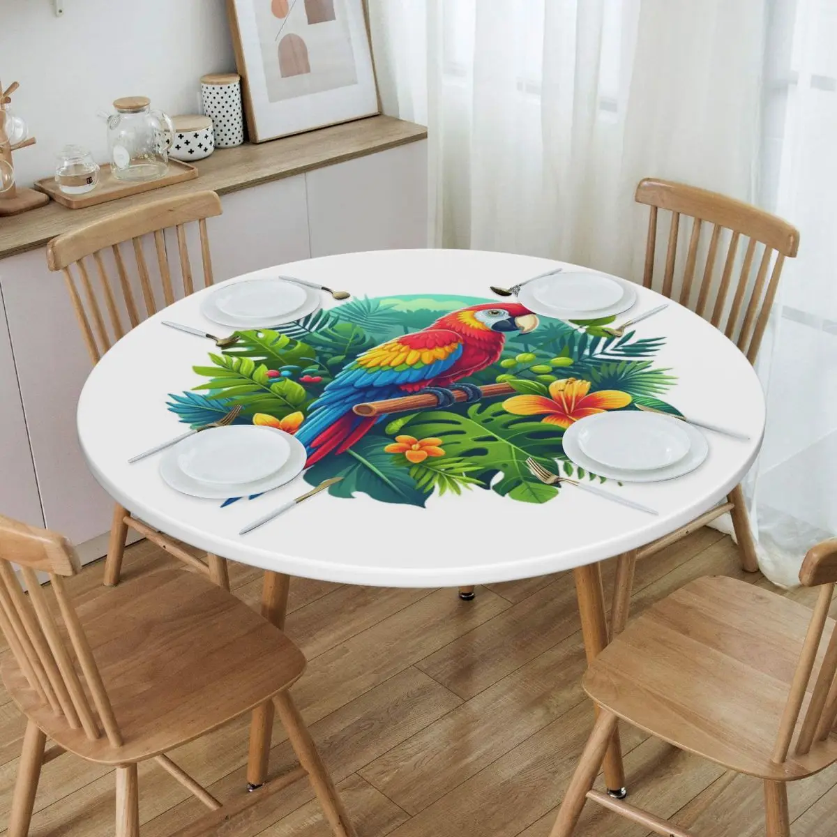 Colorful Tropical Parrot With Flowers Print Waterproof Round Tablecloth Oilproof Table Cloth Kitchen Events Dining Table Cover