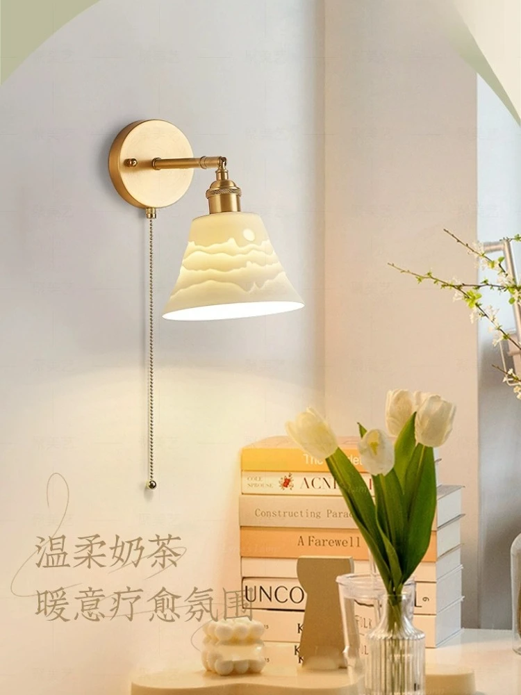 Japanese Retro Cream Style Bedside Lamp Internet Famous All Copper Ceramic Restaurant Bar Counter Master Bedroom Pendant Light