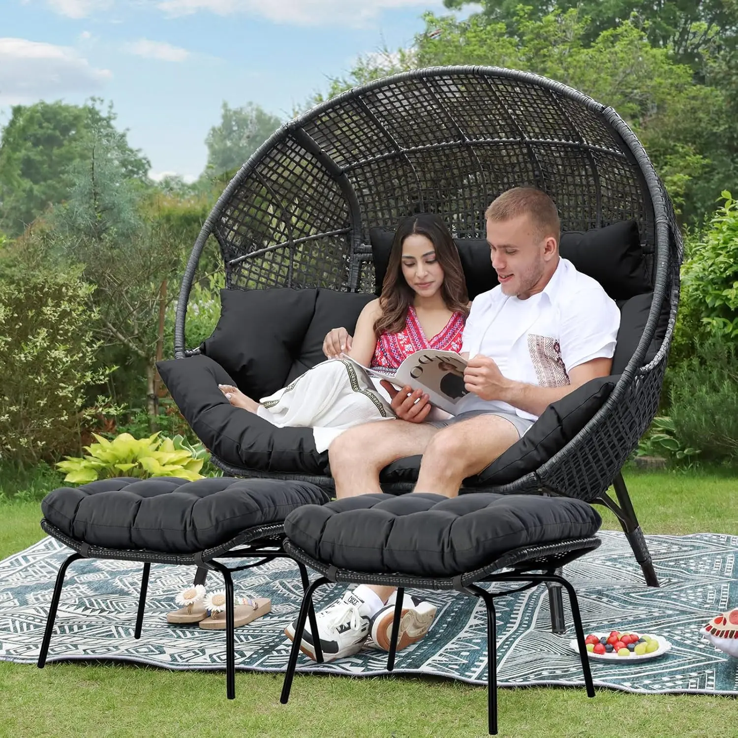 

Stationary Egg Chair Indoor Outdoor Wicker Oversized Thick Cushions Egg Shaped Loveseat Chair
