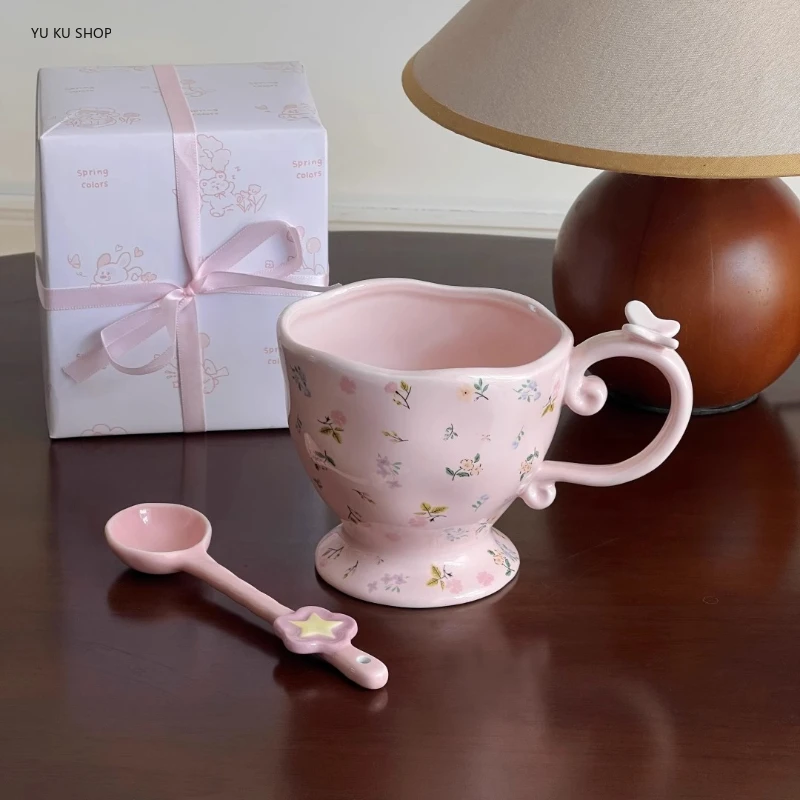 

Керамическая модная кружка, розовая кофейная чашка с цветочным принтом, послеобеденный чай, милая ложка, чашка для завтрака, молока, чашка для домашнего офиса, посуда для питья