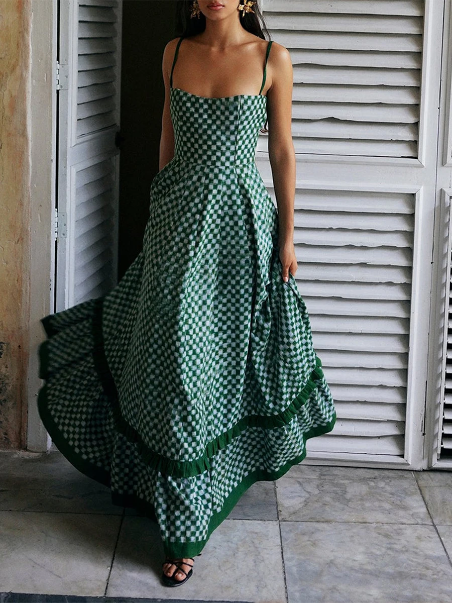 

Women's Long Beach Dress Sleeveless Spaghetti Strap Checkerboard Print Flowy Dress Midi Slip Dress